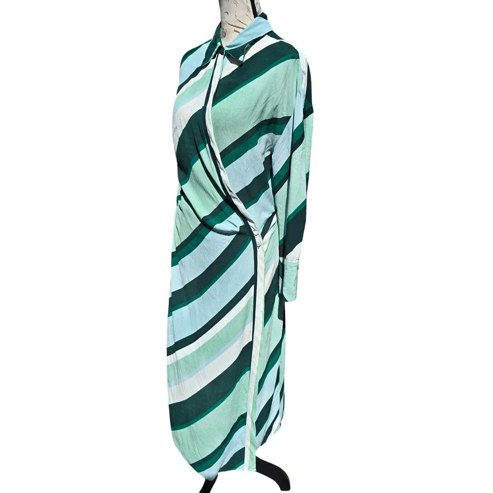 MNG Mango Womens Green Striped Wrap Midi Shirt Dress Long Sleeve‎ Size 6